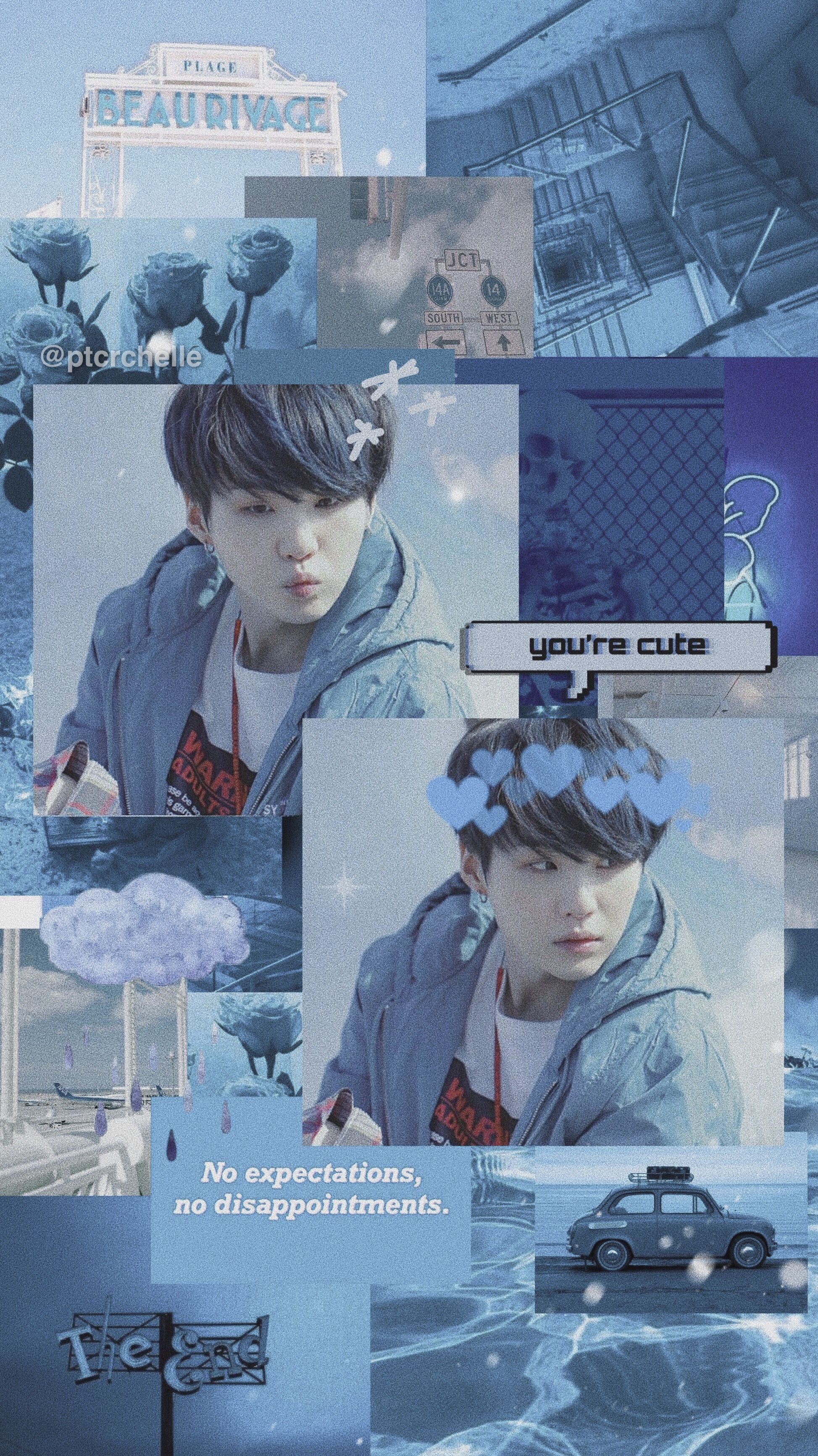 A blue and white collage featuring images of a boy. - Suga