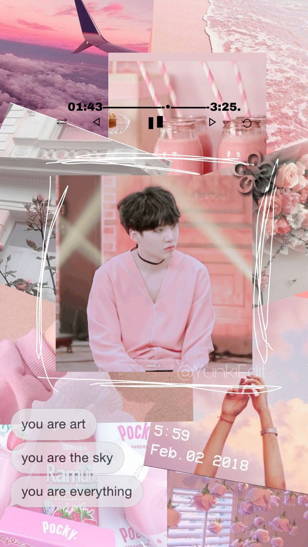 Pink aesthetic wallpaper with images of a pink haired boy and flowers - Suga