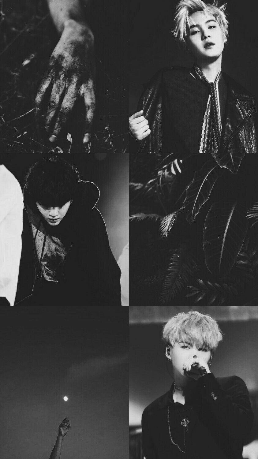 A black and white collage of images of Jimin of BTS - Suga