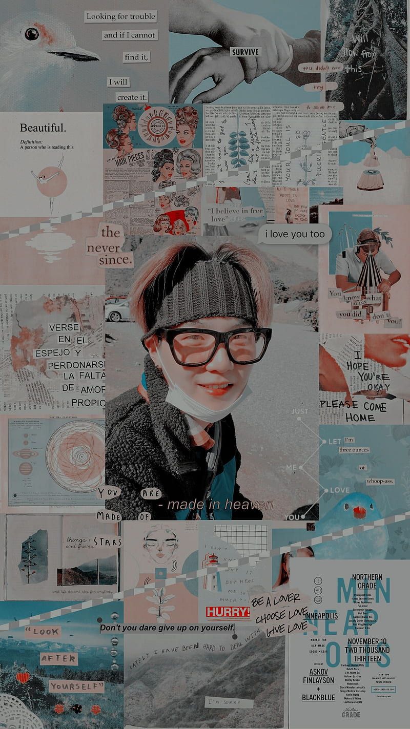 A collage of a person wearing glasses and a hat - Suga