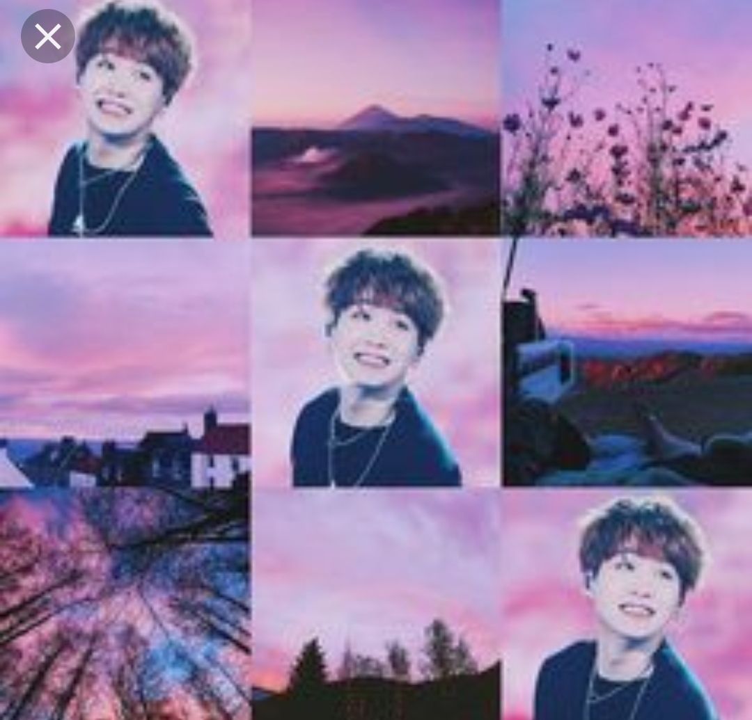 A collage of Jimin from BTS with a pink and purple aesthetic - Suga