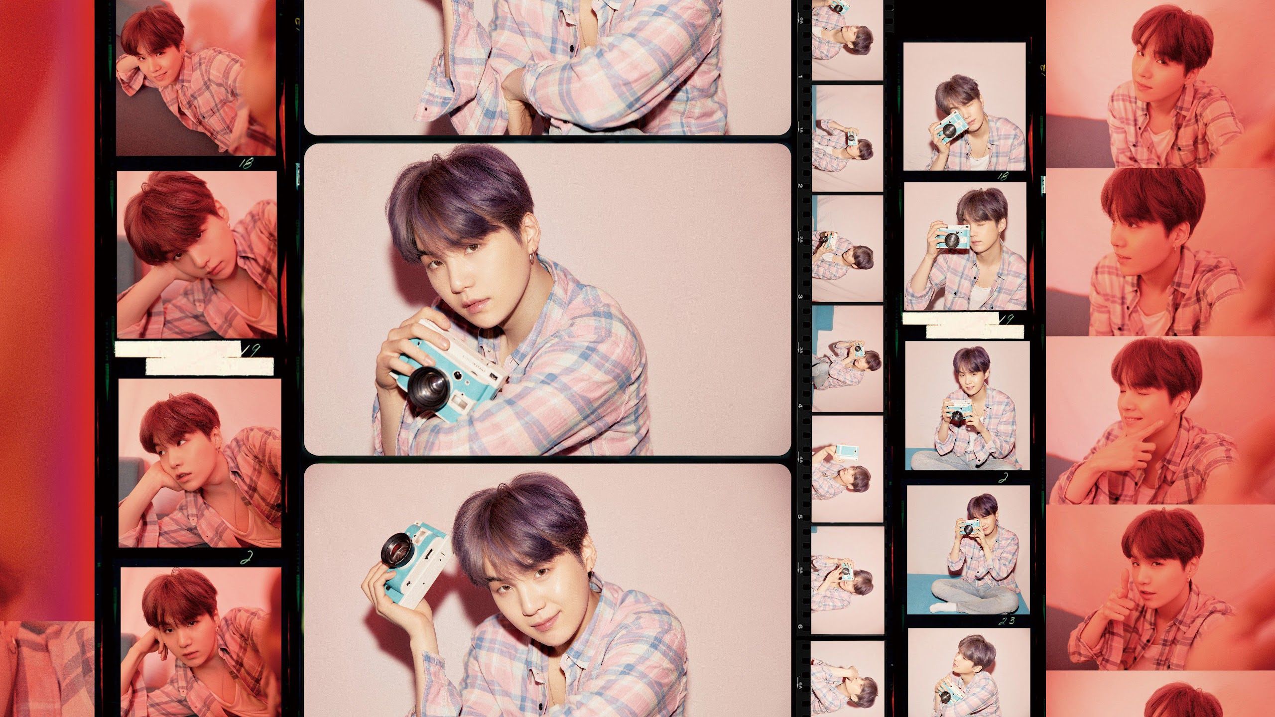 A collage of images of Jungkook from BTS holding a camera - Suga
