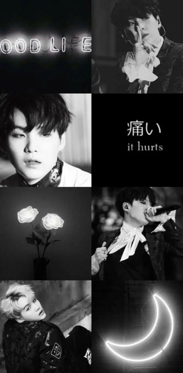 Black and white aesthetic of BTS members with the words Good Life, it hurts, and the moon - Suga