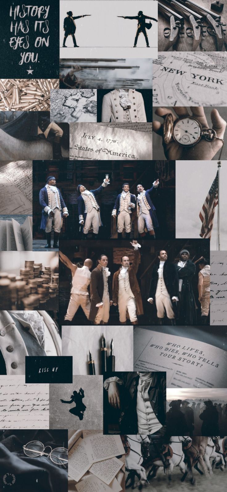 A collage of photos from the Hamilton Musical, including images of the cast and the stage. The background is a mix of black and white photos and images of the American flag. - Hamilton