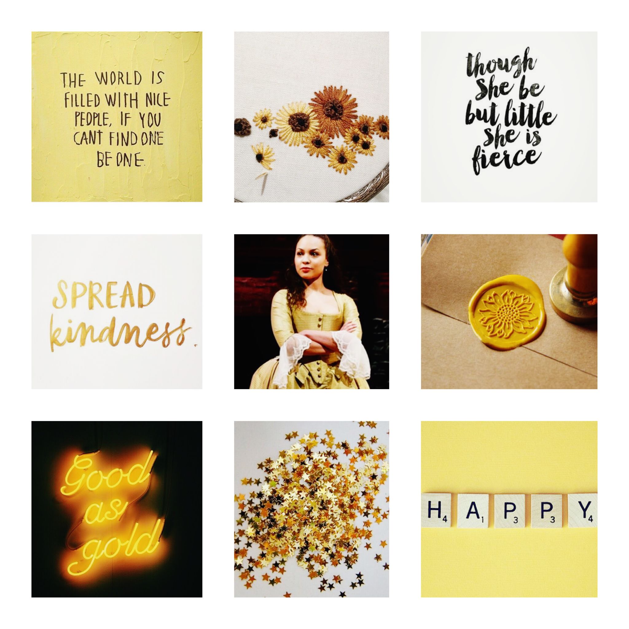 Collage of nine photos including a yellow aesthetic, a woman in a yellow dress, and the words 