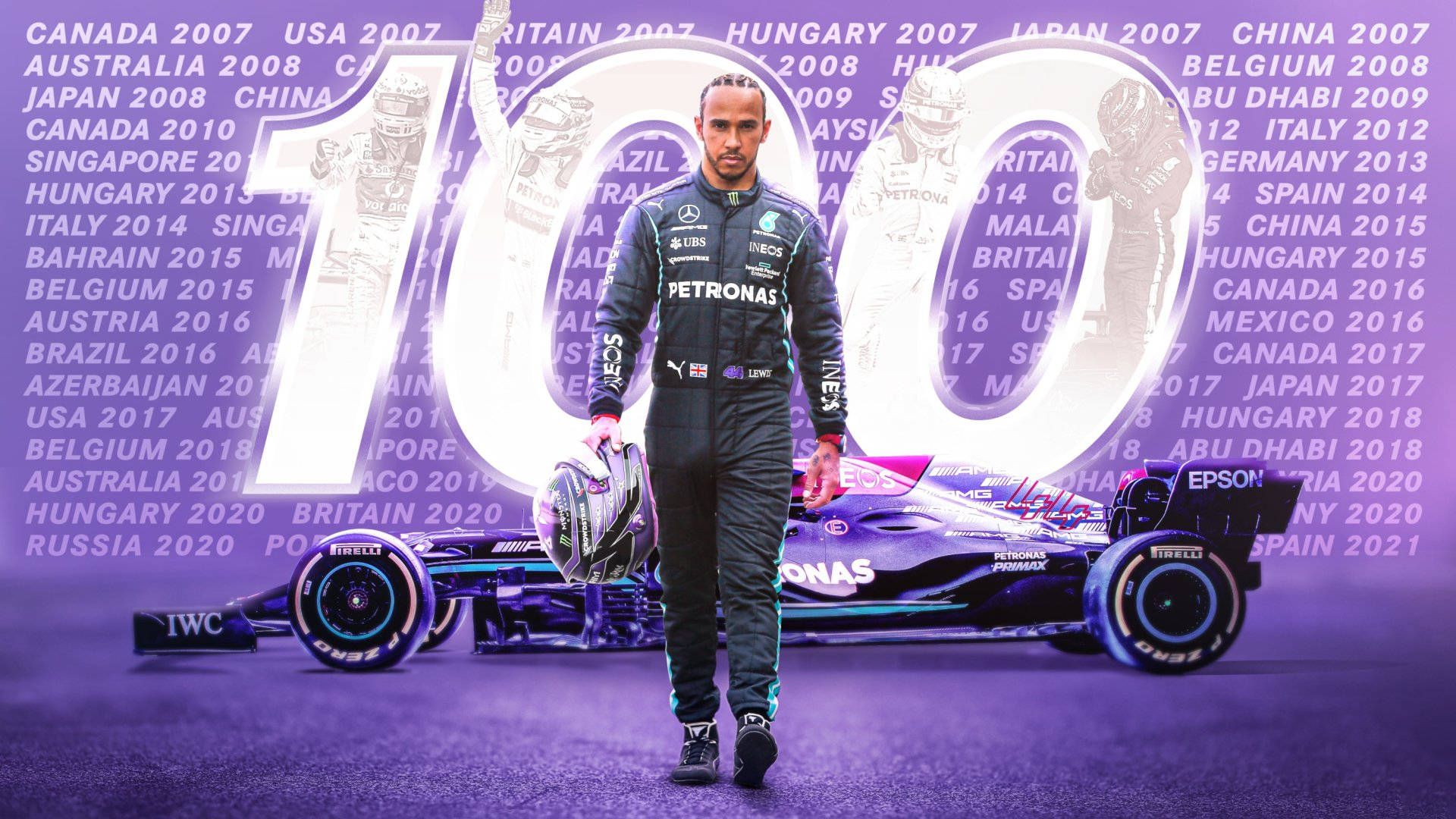 Lewis Hamilton standing in front of a car with the number 100 behind him. - Lewis Hamilton