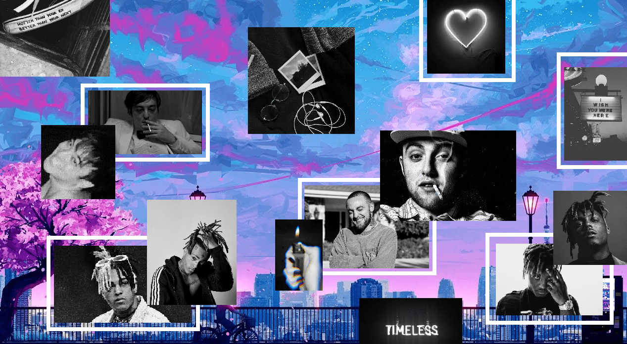 A collage of Mac Miller, Juice WRLD, and XXXTentacion with a blue and purple background - XXXTentacion