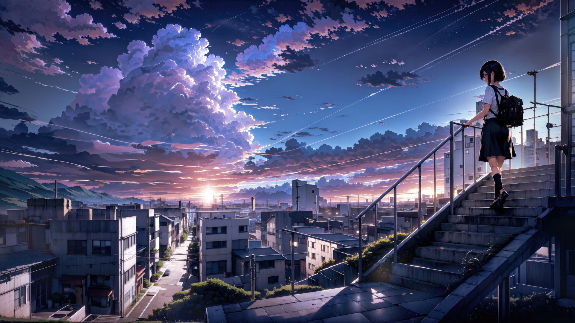 1920x1080 anime, 5 Centimeters Per Second, stairs, the city, the girl, sunset, anime girls, wallpaper - 1920x1080, cityscape