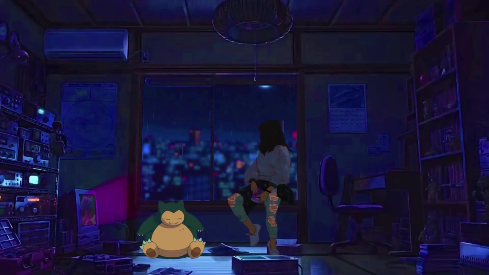 A girl sits on her bed in her room, reading a book. Snorlax is sitting on the floor next to her. - 1920x1080, Windows 10, computer
