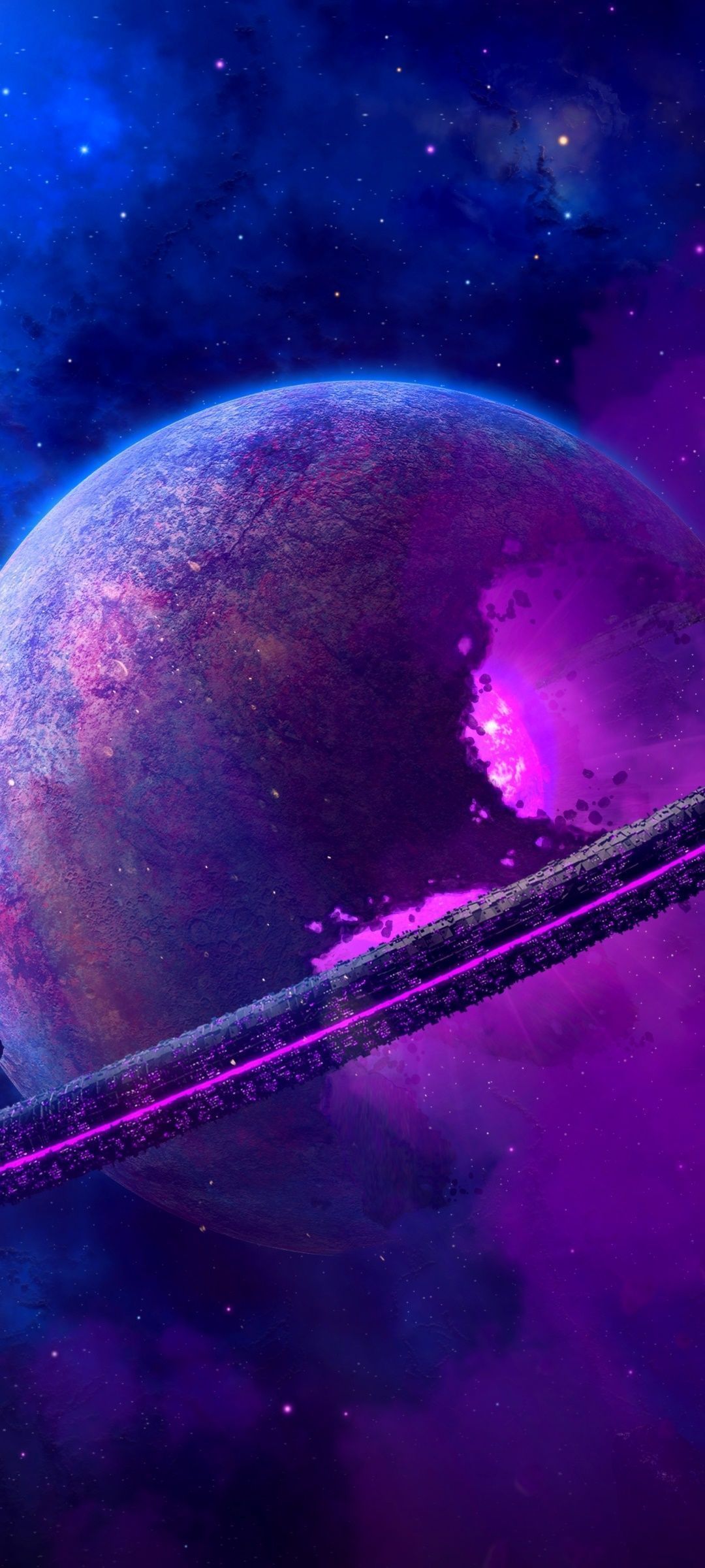 IPhone wallpaper with a planet and a purple nebula - 1080x2400