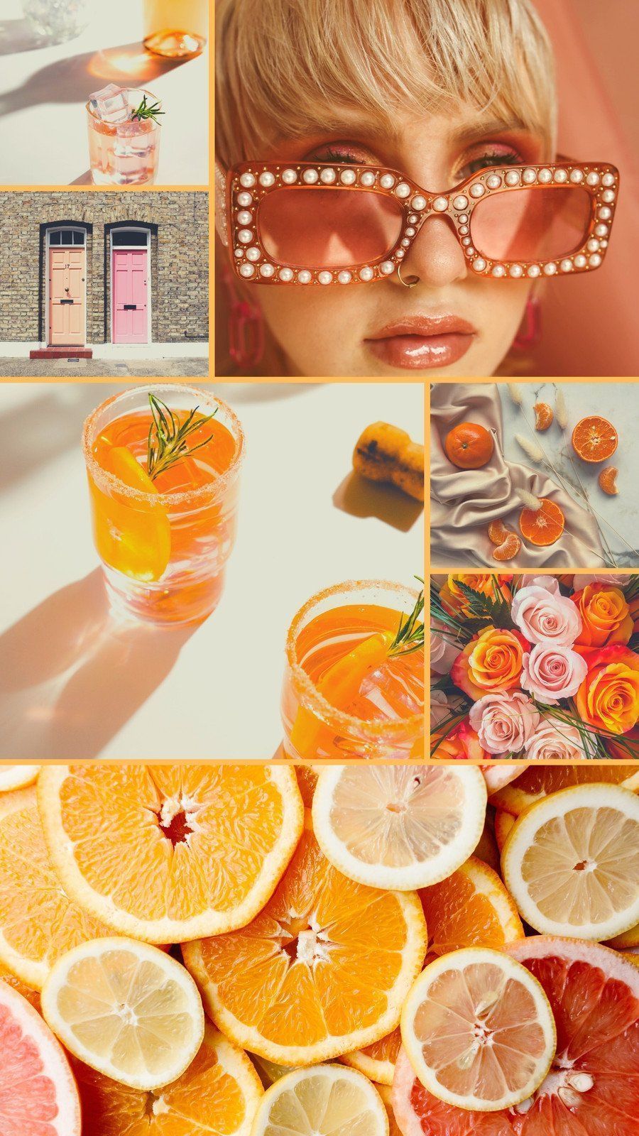 A collage of orange and pink images including a woman wearing sunglasses, orange slices, and a drink. - Orange, fruit, bright