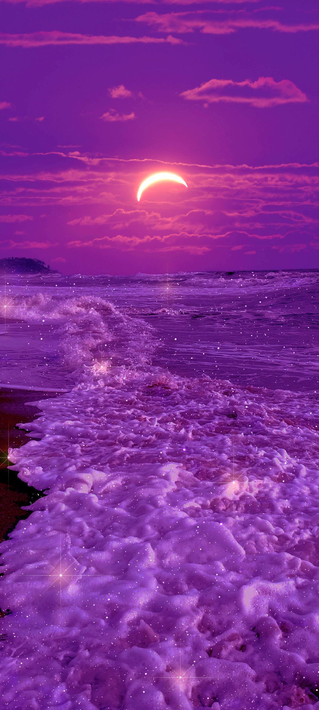 Download Pink sea, Waves, Shore, Sky, Moon Wallpaper in 1080x2400 Resolution
