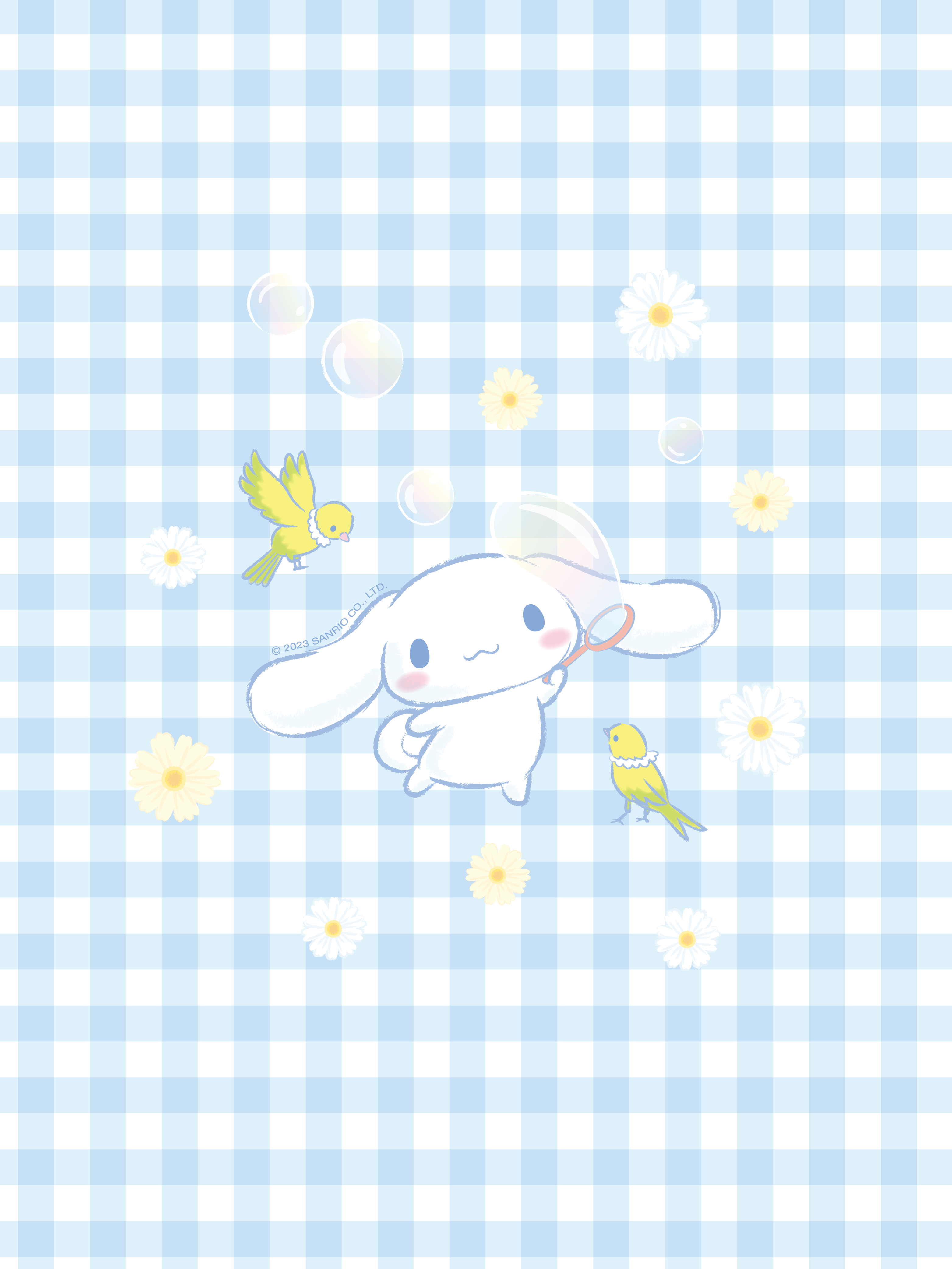 Cinnamoroll flying with two canary birds on a blue checkered background - Cinnamoroll