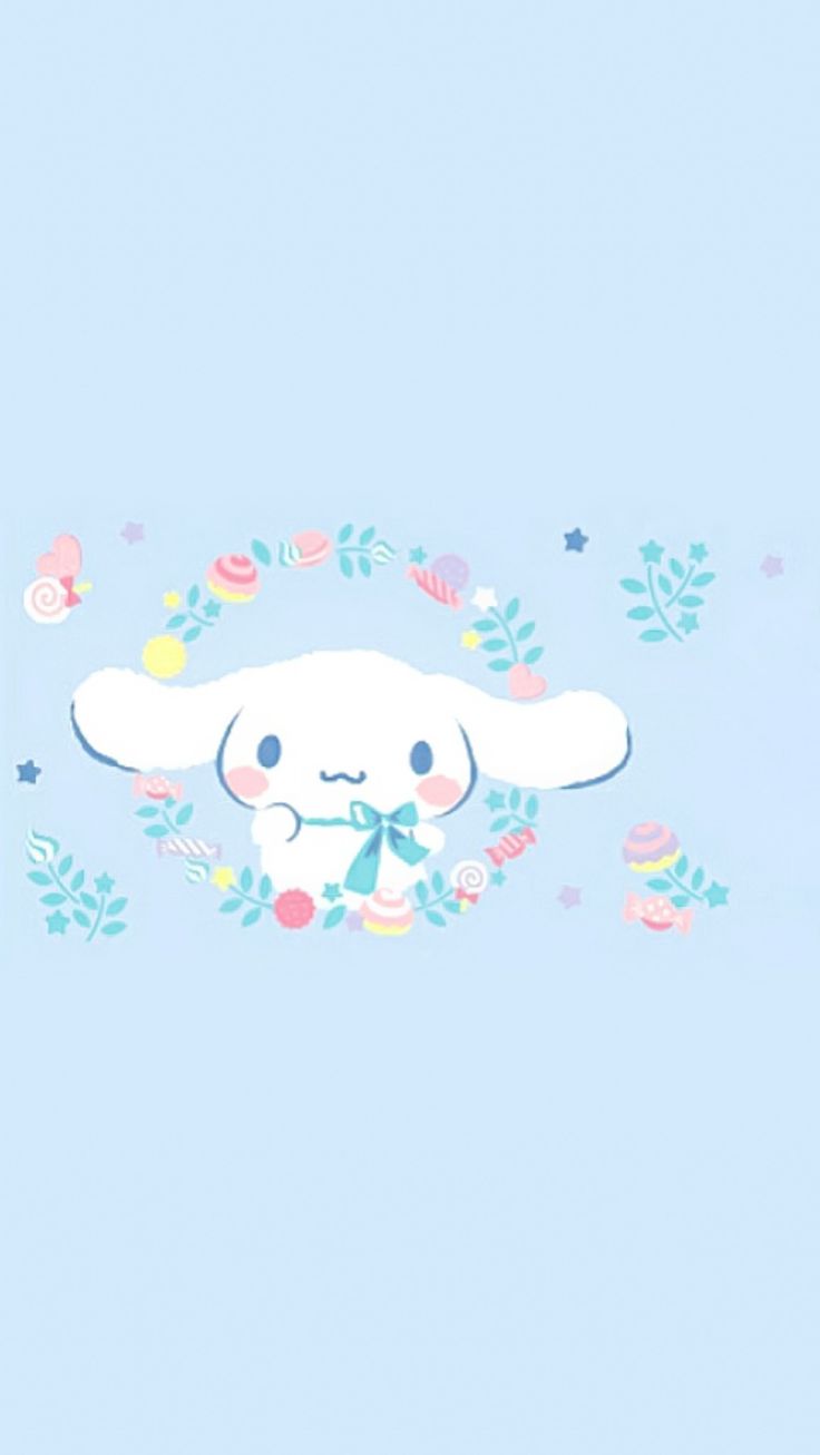 A picture of a white cartoon dog with a blue bow tie surrounded by flowers and stars. - Cinnamoroll