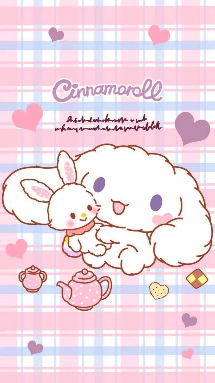 Cinnamoroll wallpaper, pink and white checkered background, phone wallpaper, holding a teapot - Cinnamoroll