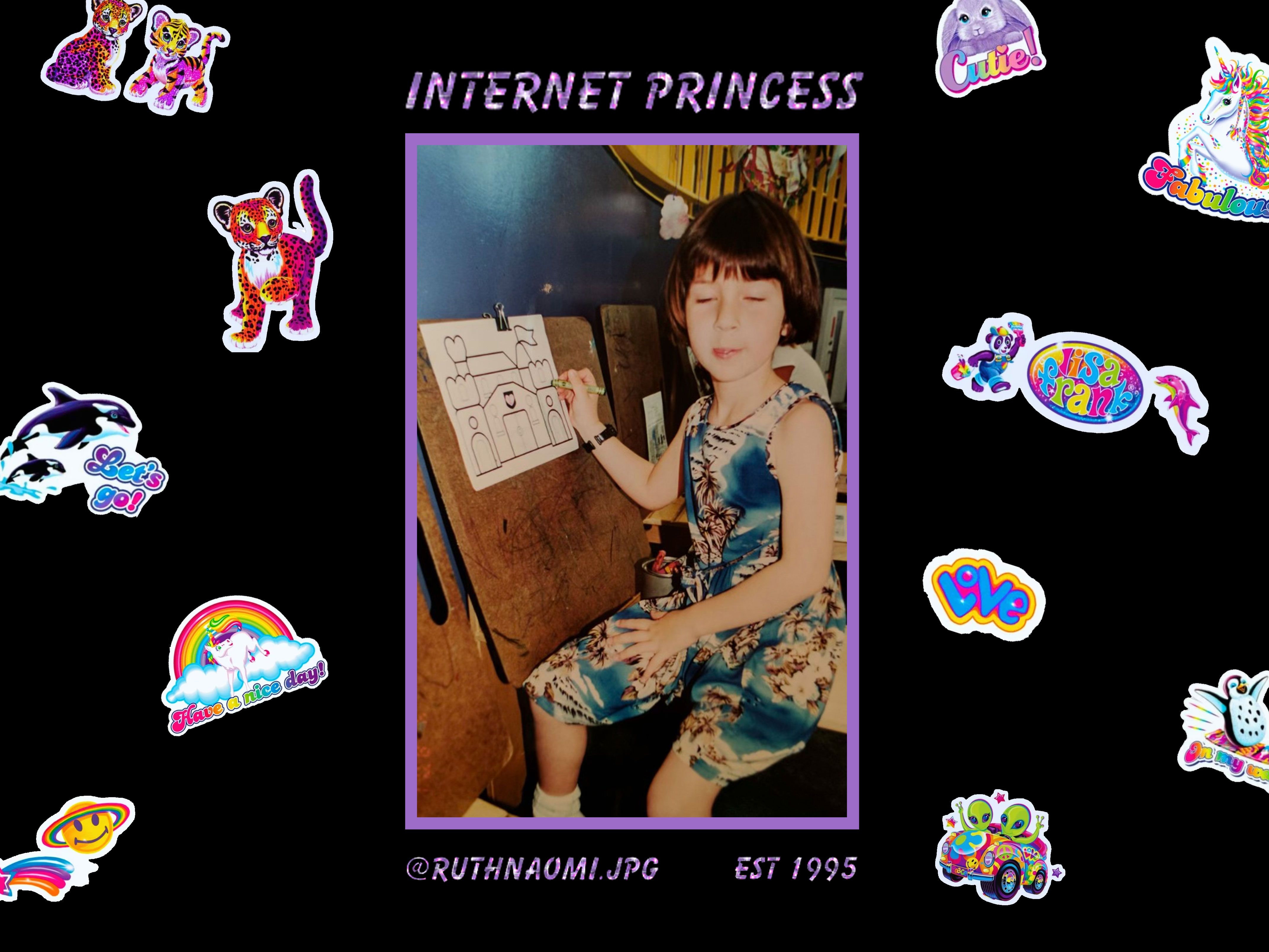 A young girl sits at a desk, holding a pencil. The desk is covered in stickers. - Internetcore