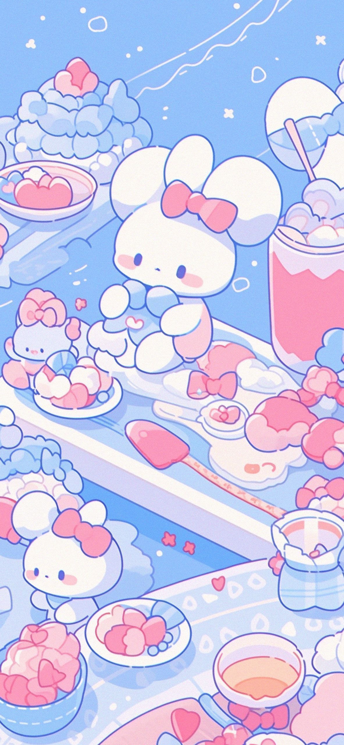 A phone wallpaper of a cute pink mouse surrounded by desserts - Cinnamoroll, Sanrio
