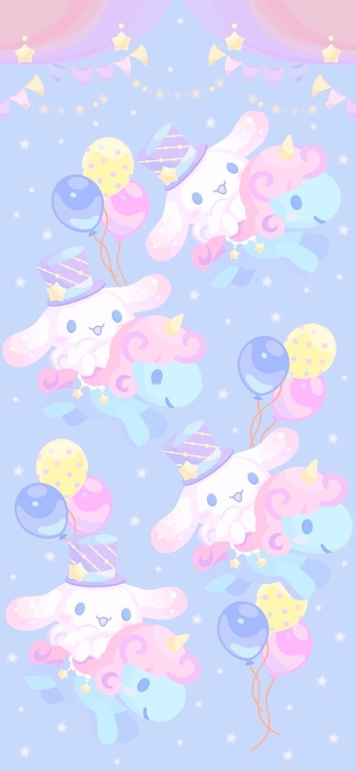 IPhone wallpaper of a pink, blue and purple bunny holding balloons - Cinnamoroll