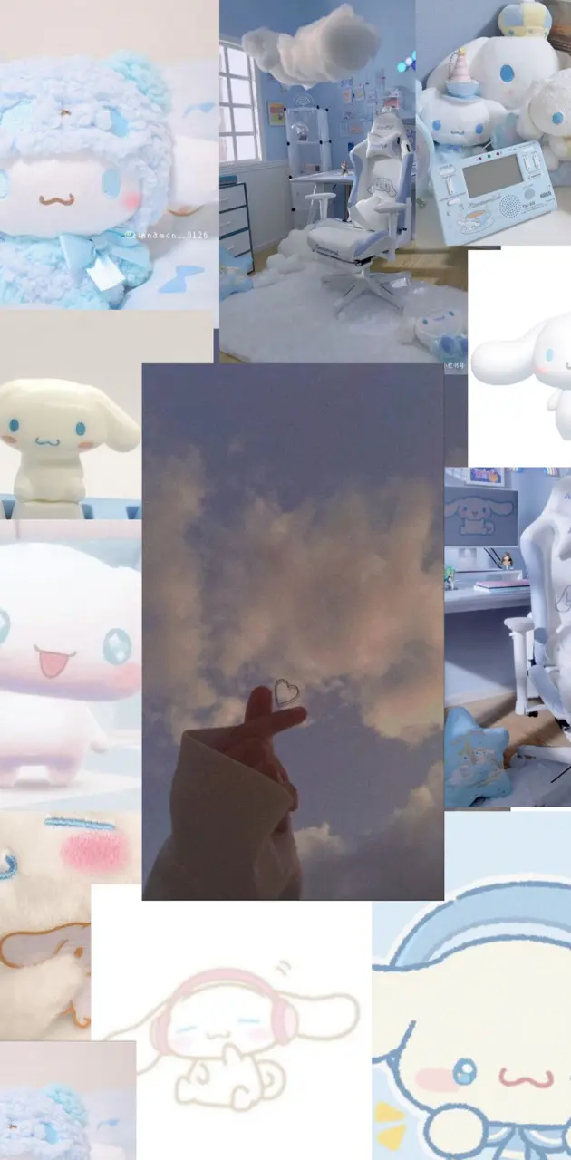 A collage of blue and white aesthetic pictures including stuffed animals and clouds - Cinnamoroll