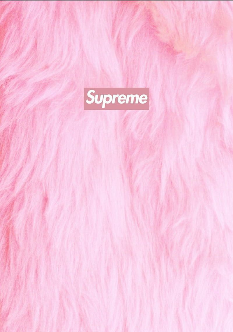 A pink fluffy background with a small supreme logo in the top middle - Supreme