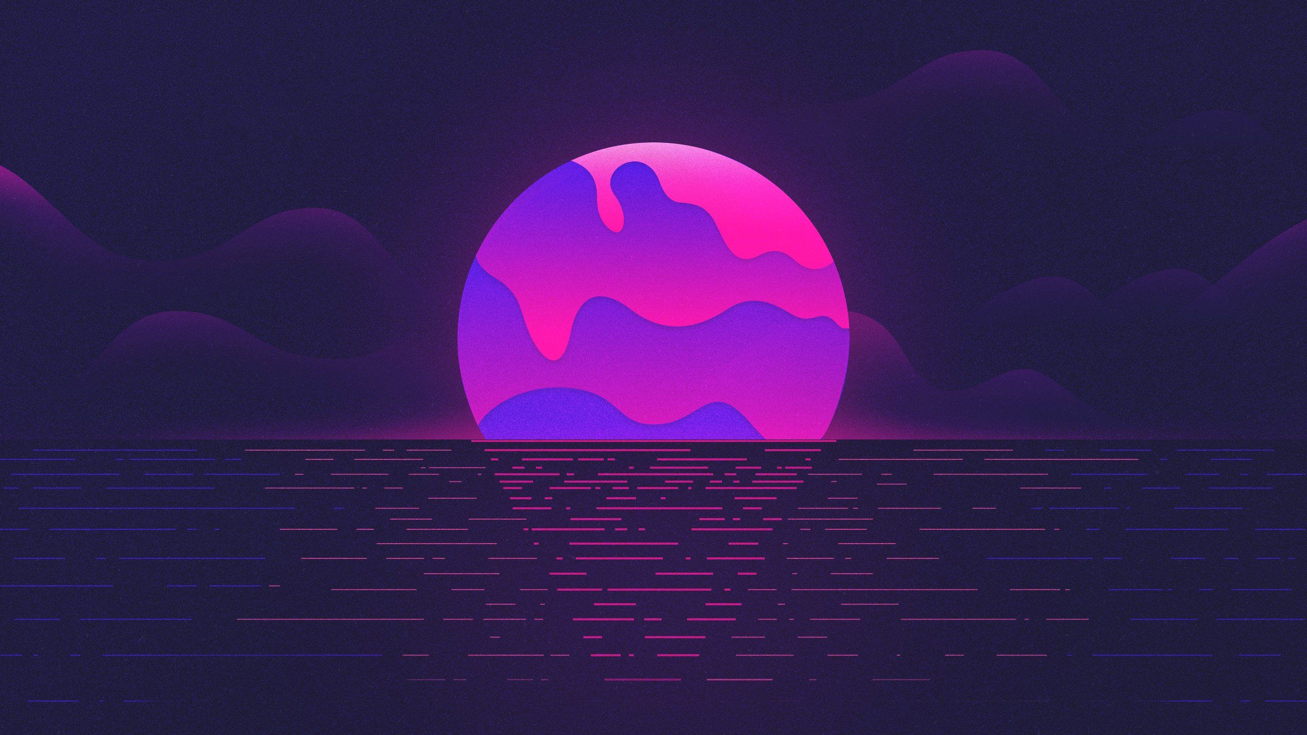 A sunset over a body of water with mountains in the background - Dark vaporwave