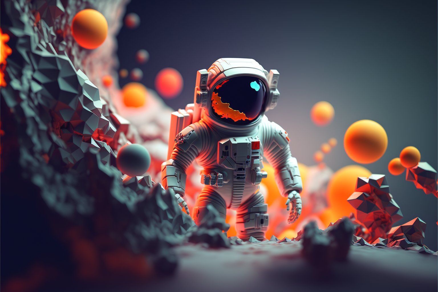 An astronaut in a space suit standing on a planet with an orange and grey atmosphere - Low poly