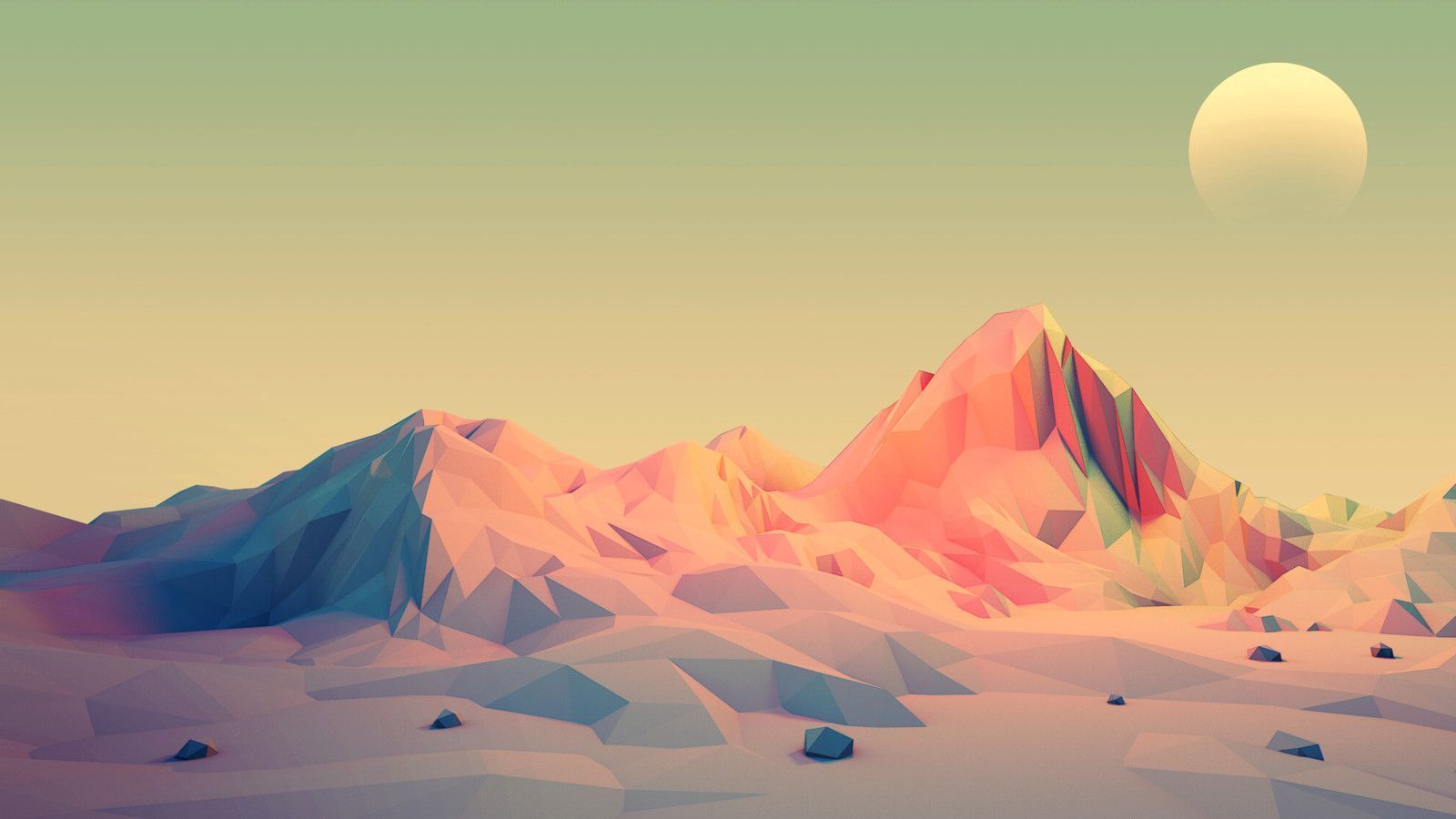 A low poly illustration of a desert with a mountain range and a full moon - Low poly