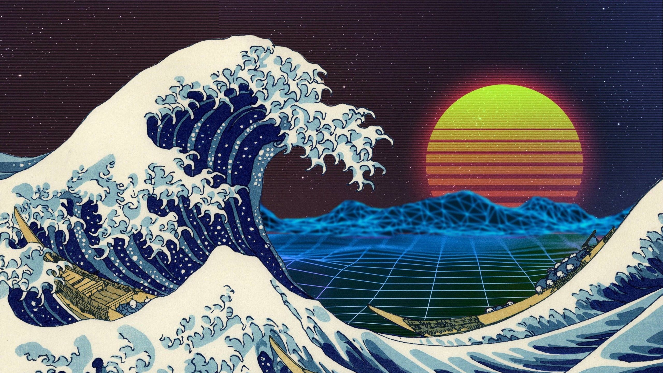 The Great Wave of Kanagawa, reimagined with a retro aesthetic - Dark vaporwave