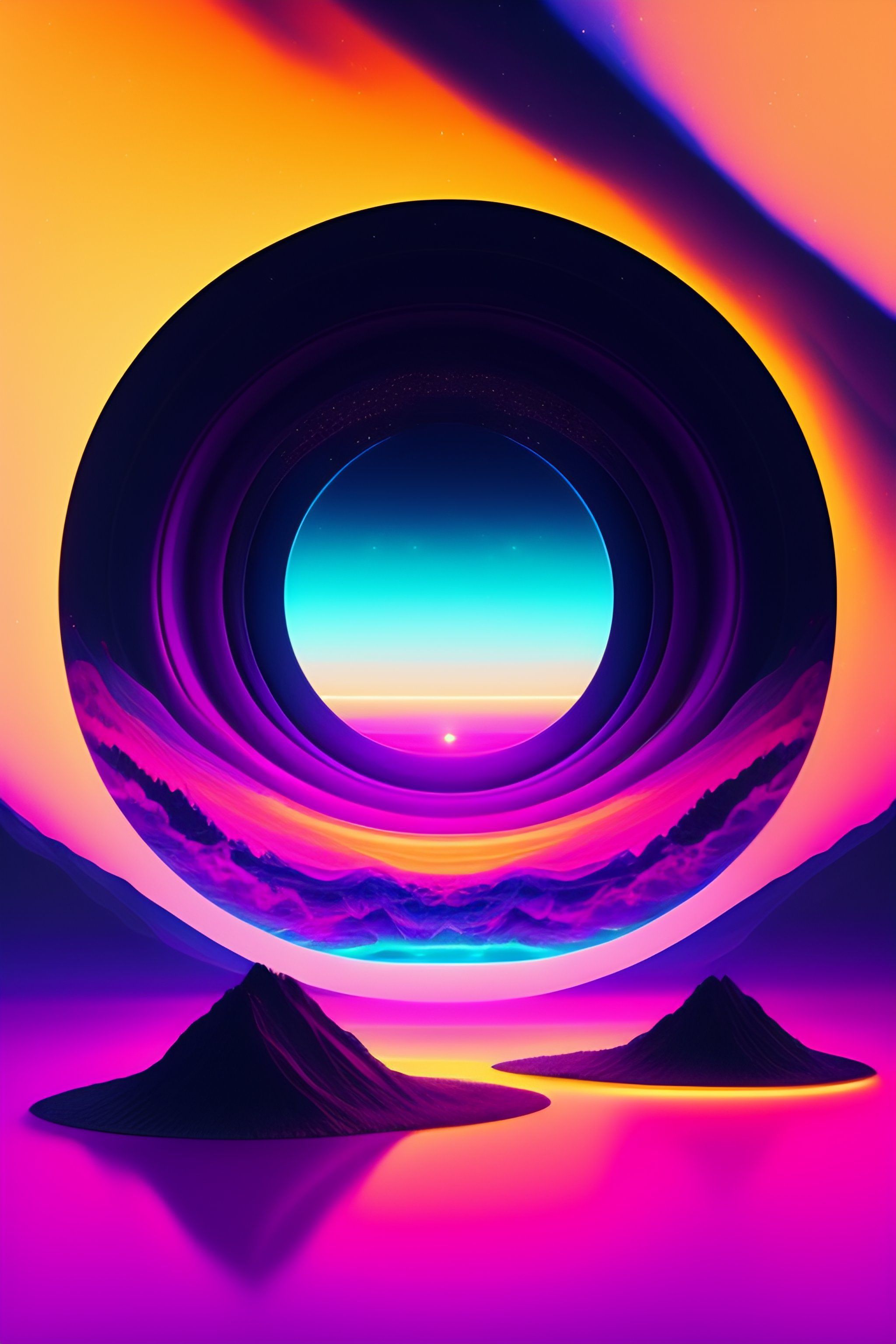 A futuristic circle portal, with a purple and blue gradient, and mountains in the background. - Dark vaporwave