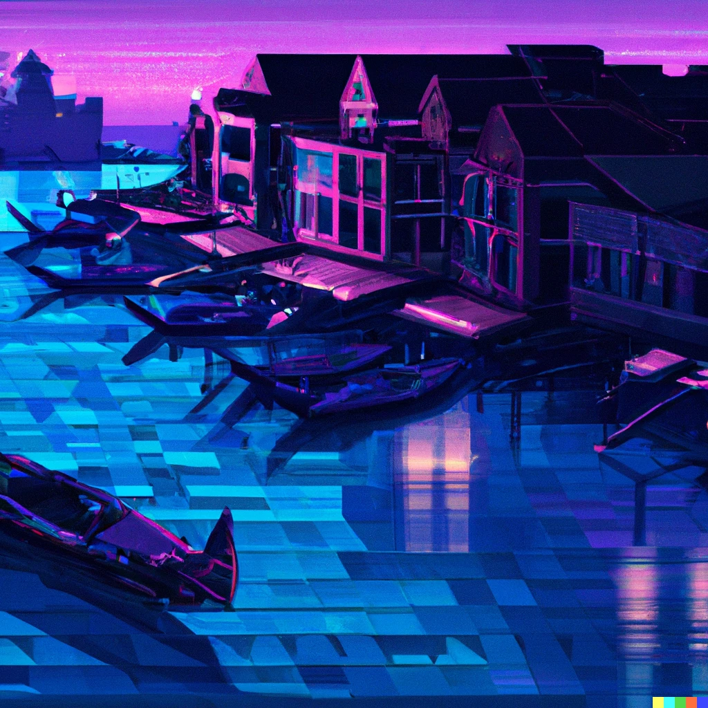 A purple and blue city with a river - Low poly