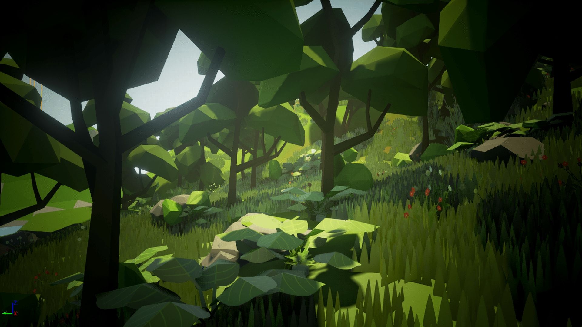 A low poly render of a forest with low poly trees and grass - Low poly