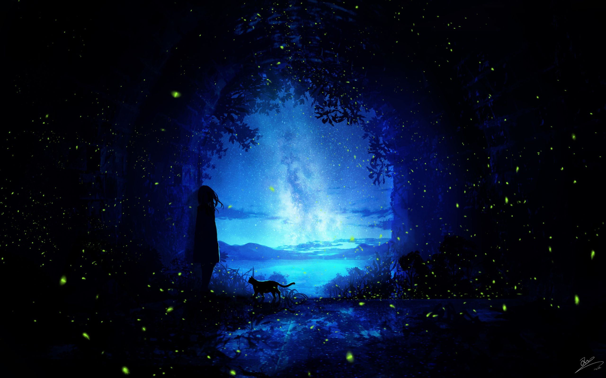 1920x1200 anime, night, girl, dog, river, stars, fireflies, forest, The Legend of Zelda: Breath of the Wild, The Legend of Zelda: Twilight Princess, The Legend of Zelda: Skyward Sword, The Legend of Zelda: Ocarina of Time, The Legend of Zelda: Majora's Mask - 2560x1600, night