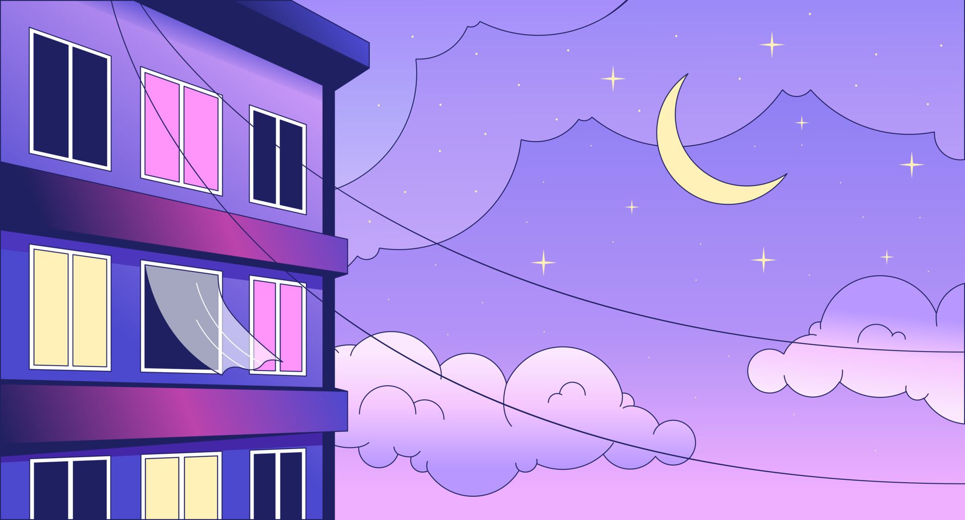 A purple building with pink windows is lit up from the inside. The sky is purple with a crescent moon and stars. - Synthwave, vector, scenery, landscape, Windows 10