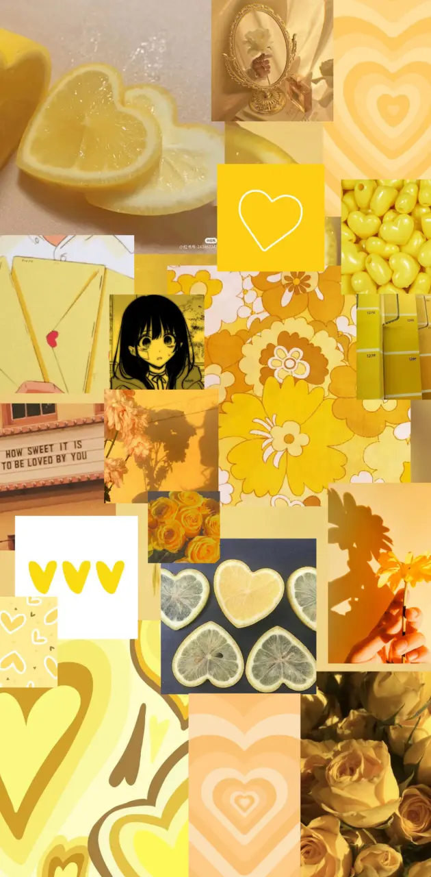 Aesthetic phone background with yellow and white pictures of flowers, fruit, and hearts. - Lovecore