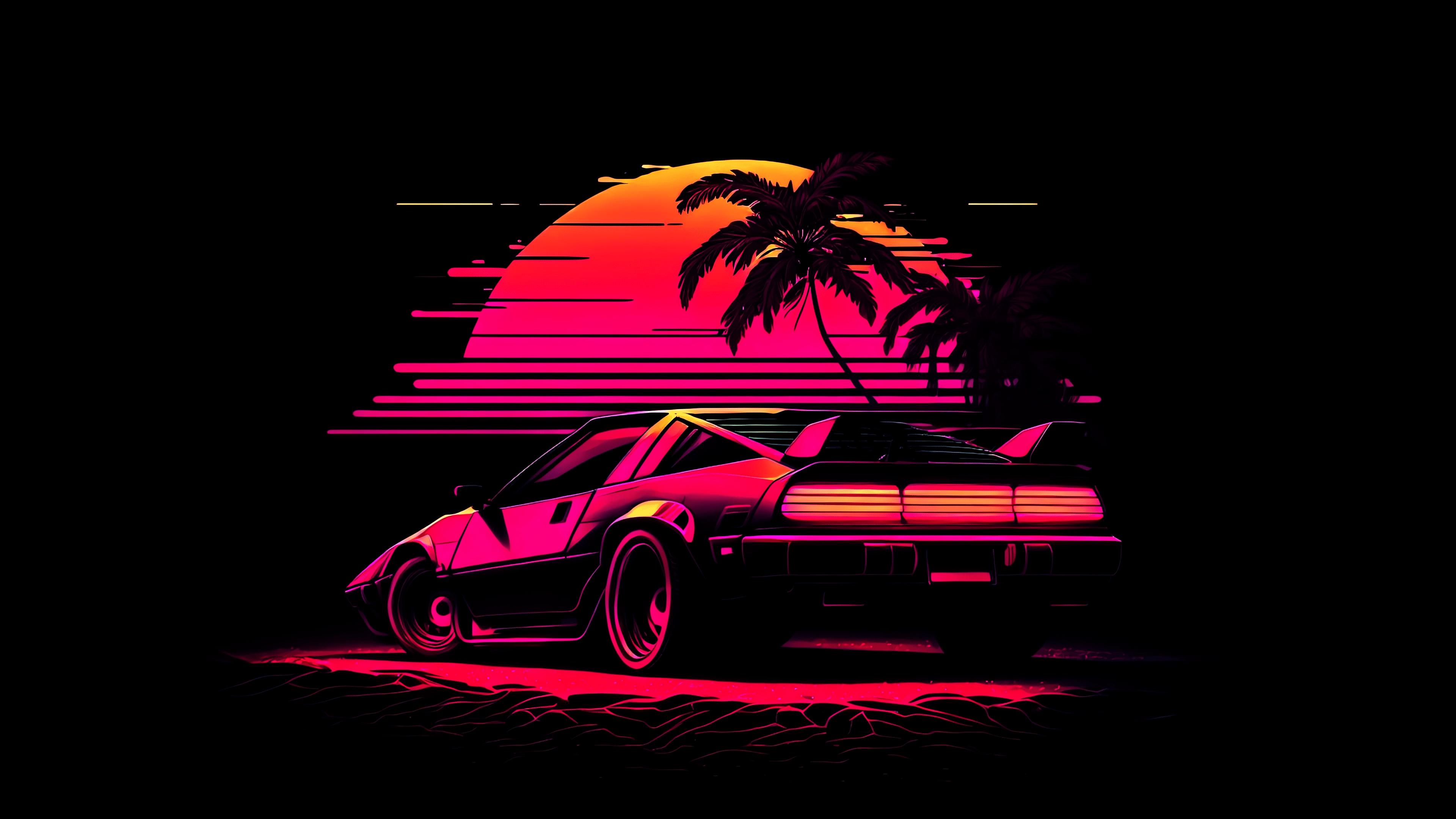 Retro Waves: 4K Synthwave Car Sunset Wallpaper Download for PC