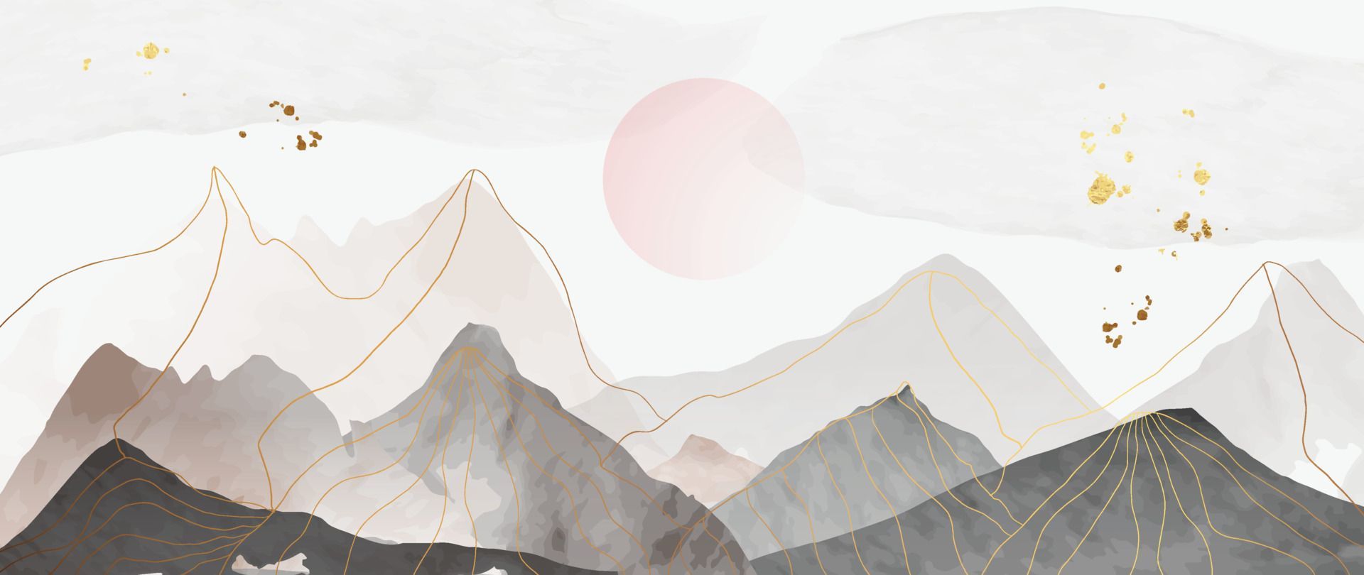 An abstract illustration of mountains with a pink sun in the background - Watercolor, mountain