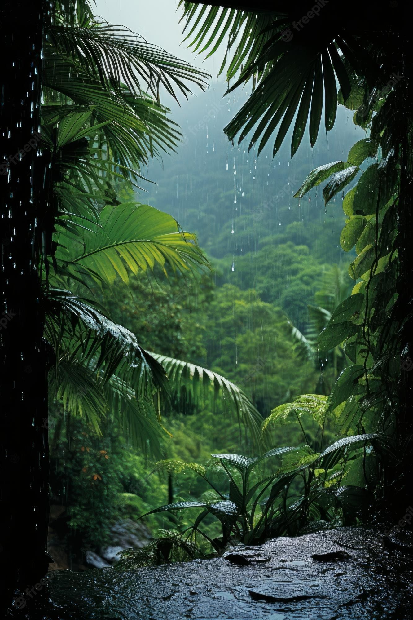 A rain shower falls on a lush tropical forest. - Jungle