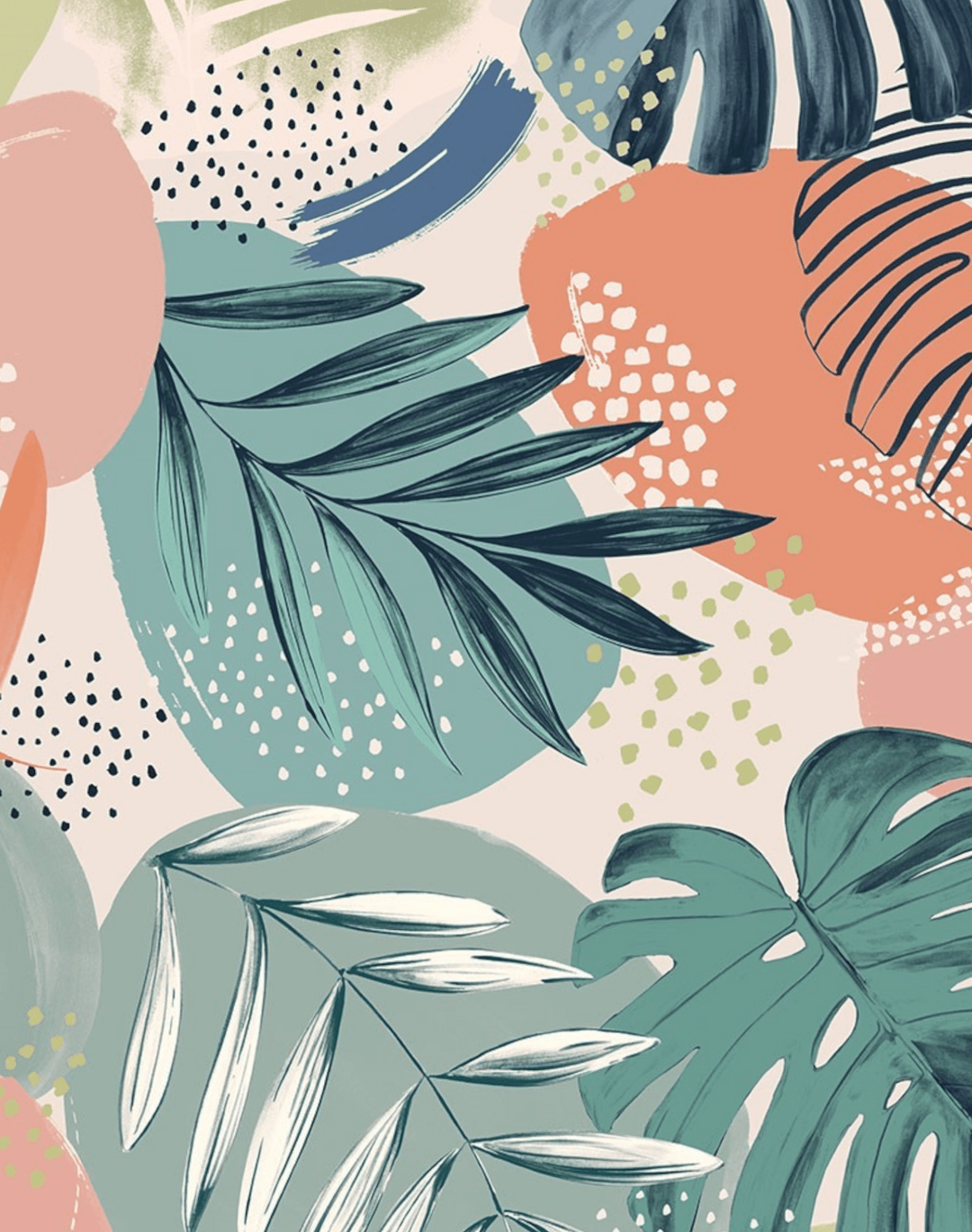 A pattern of painted leaves in green, orange and pink on a white background - Jungle, illustration