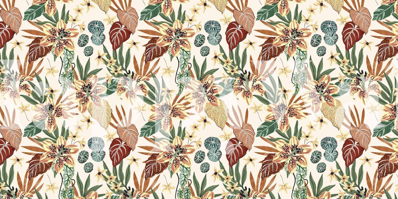 A floral pattern with a mix of leaves, flowers and fruits - Jungle
