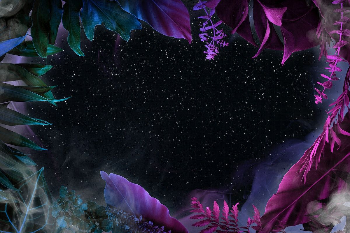 A digital image of a black background with a purple and blue border of leaves - Jungle, border