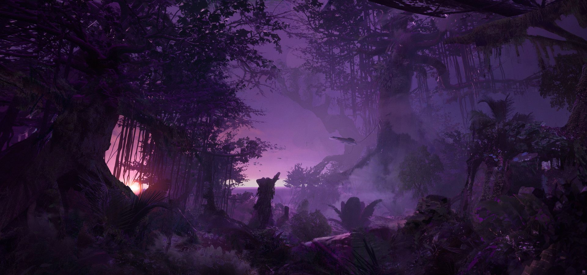 A forest at night with a purple hue - Jungle