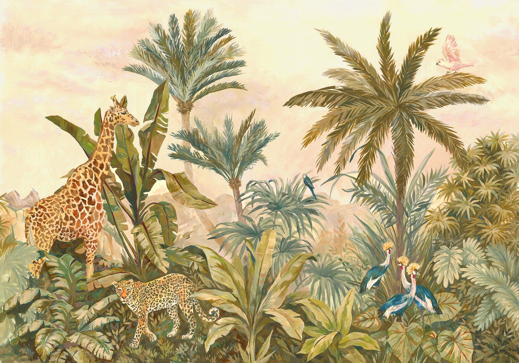 A painting of a giraffe, leopard, and birds in a jungle - Jungle