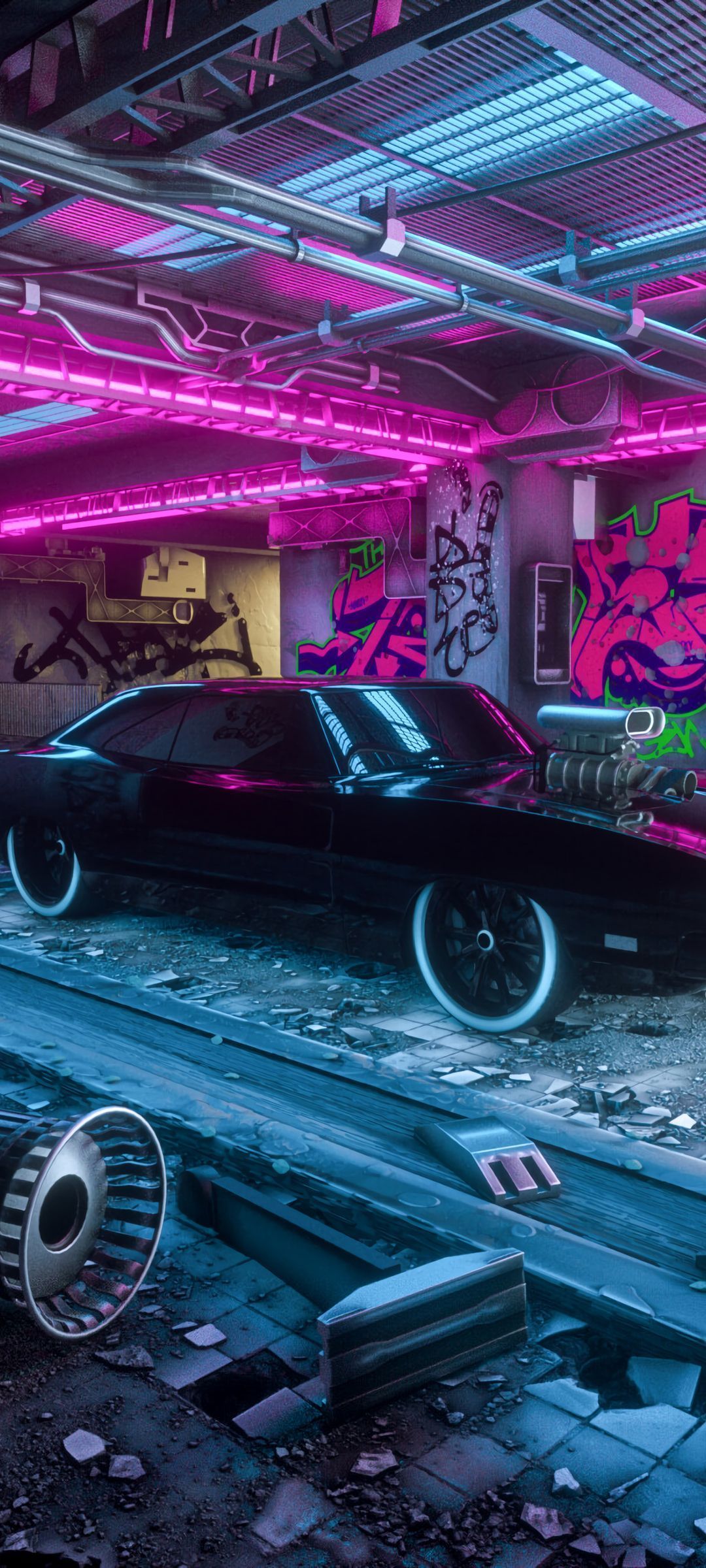Cyberpunk 2077 wallpaper for iPhone with a car in a garage - 1080x2400