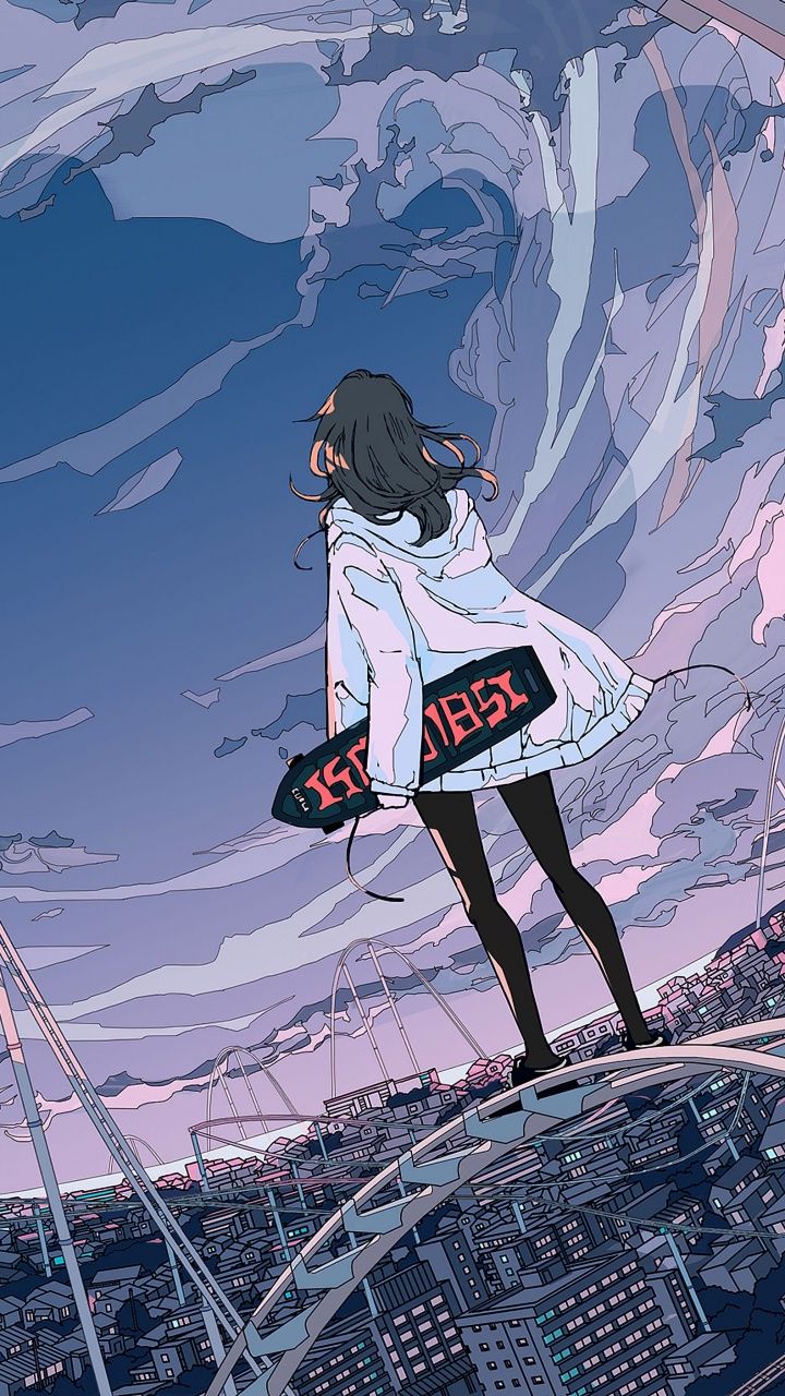 Anime girl with skateboard overlooking the city - Skater