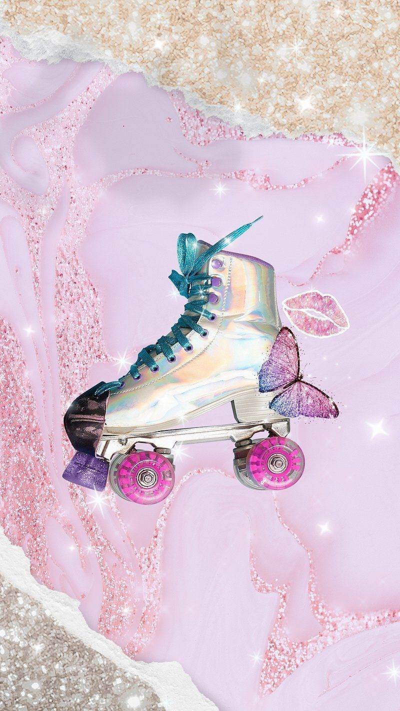 A pair of roller skates on a pink background with glitter. - Skater, skate