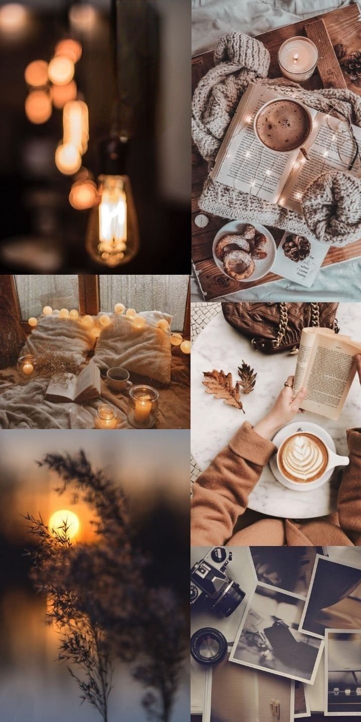 A collage of pictures with candles and books - Cozy, collage, fall iPhone