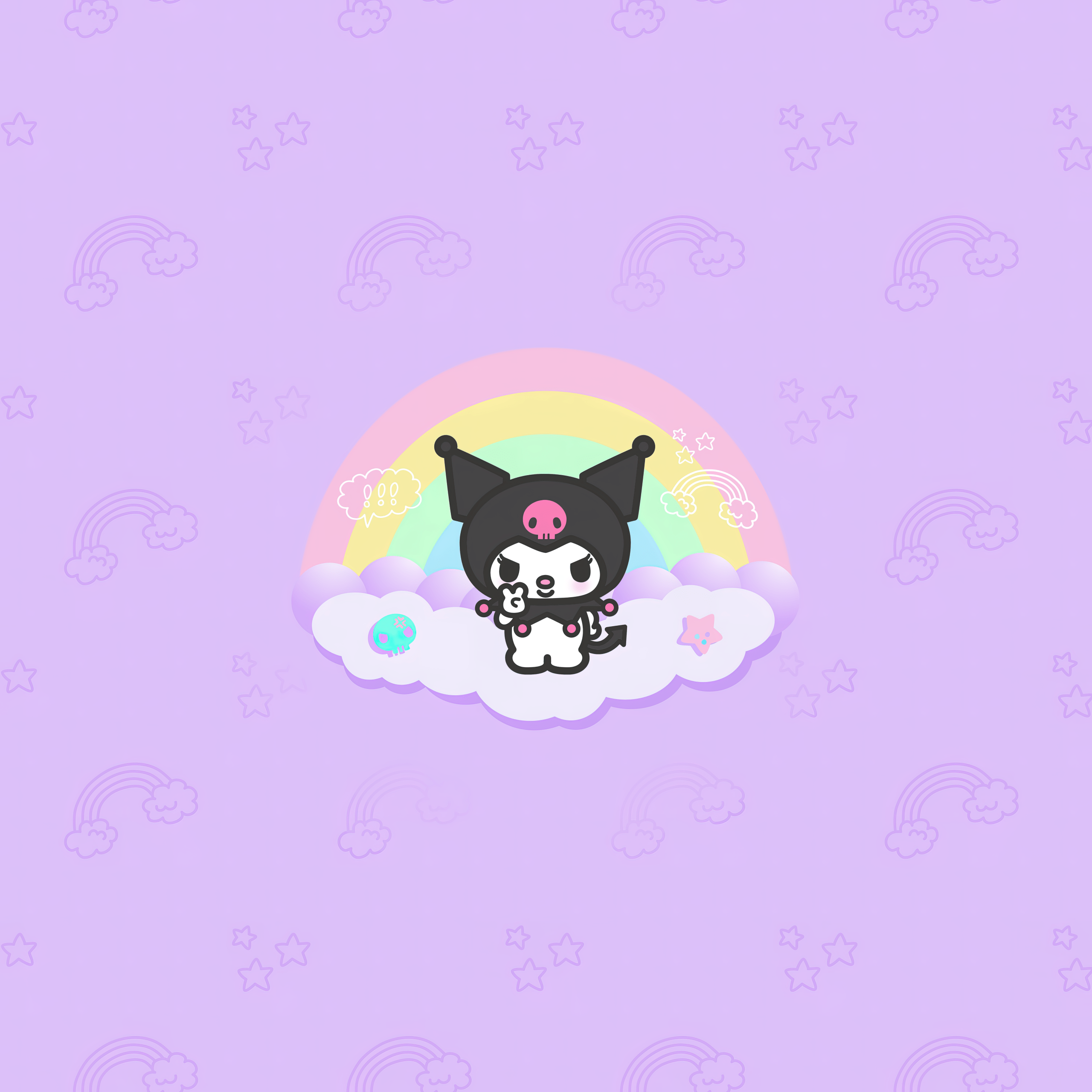 Kuromi is sitting on a cloud with a pink controller in her hand. - Sanrio