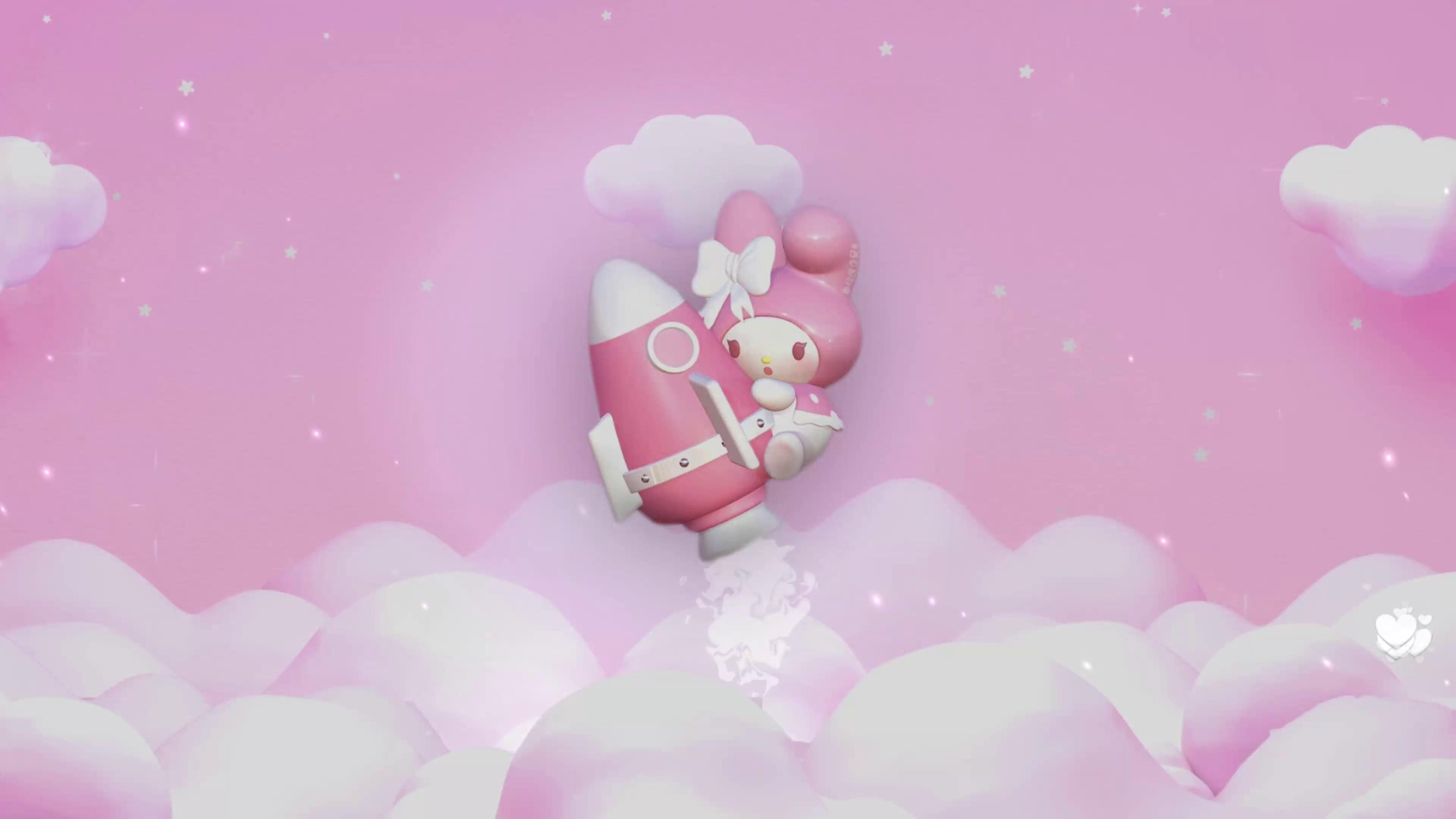 A pink My Melody is flying in a pink sky with clouds - Sanrio