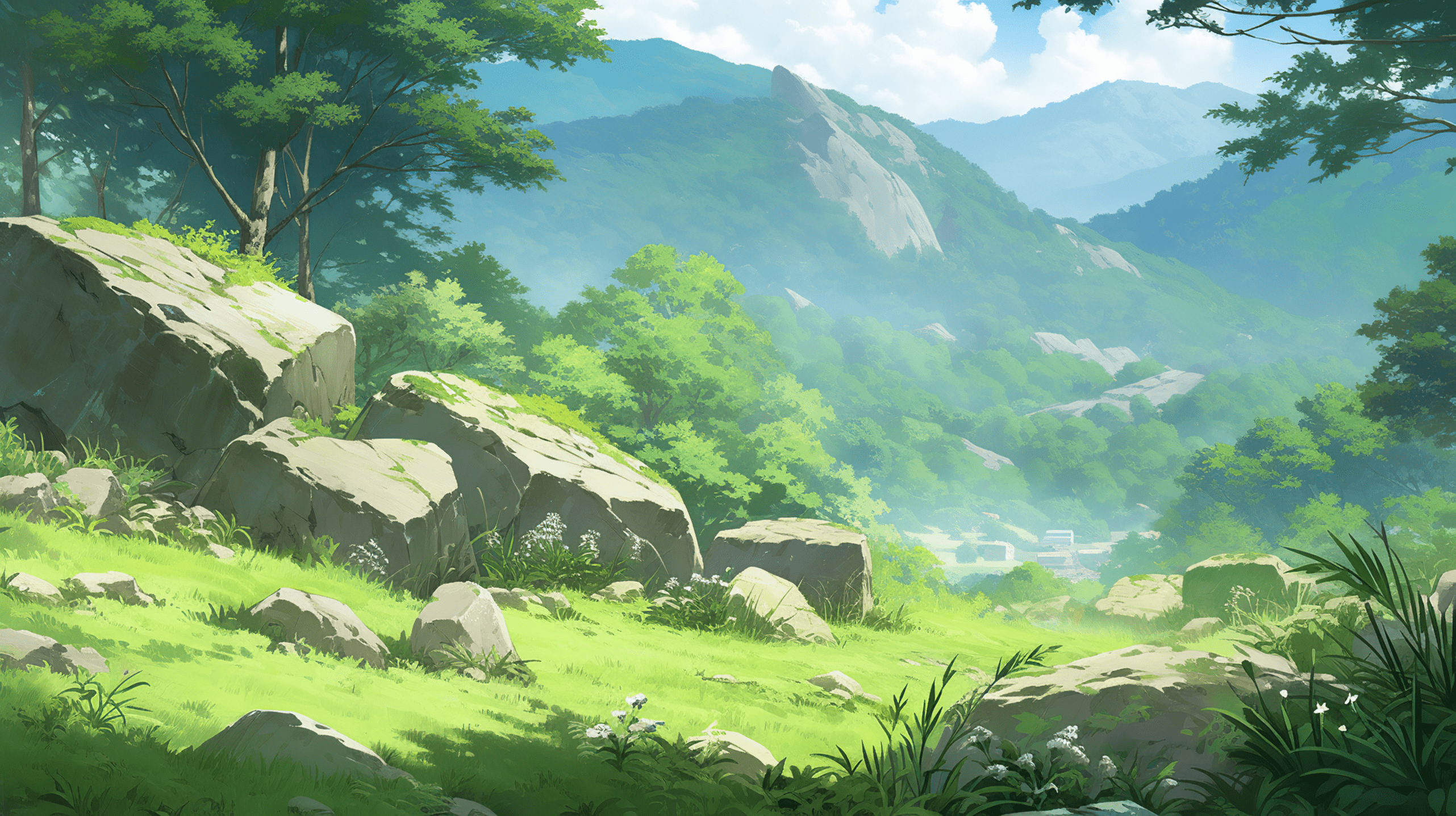A digital painting of a grassy hillside with large rocks and trees. - Landscape, anime, Windows 10, anime landscape, HD