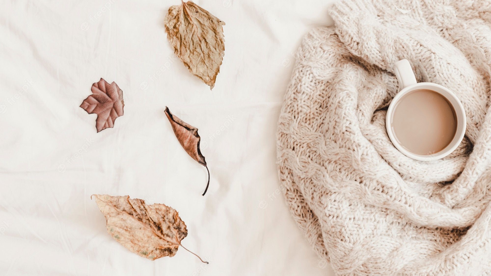 A white mug of coffee, a beige knitted scarf and autumn leaves on a white background - Cozy